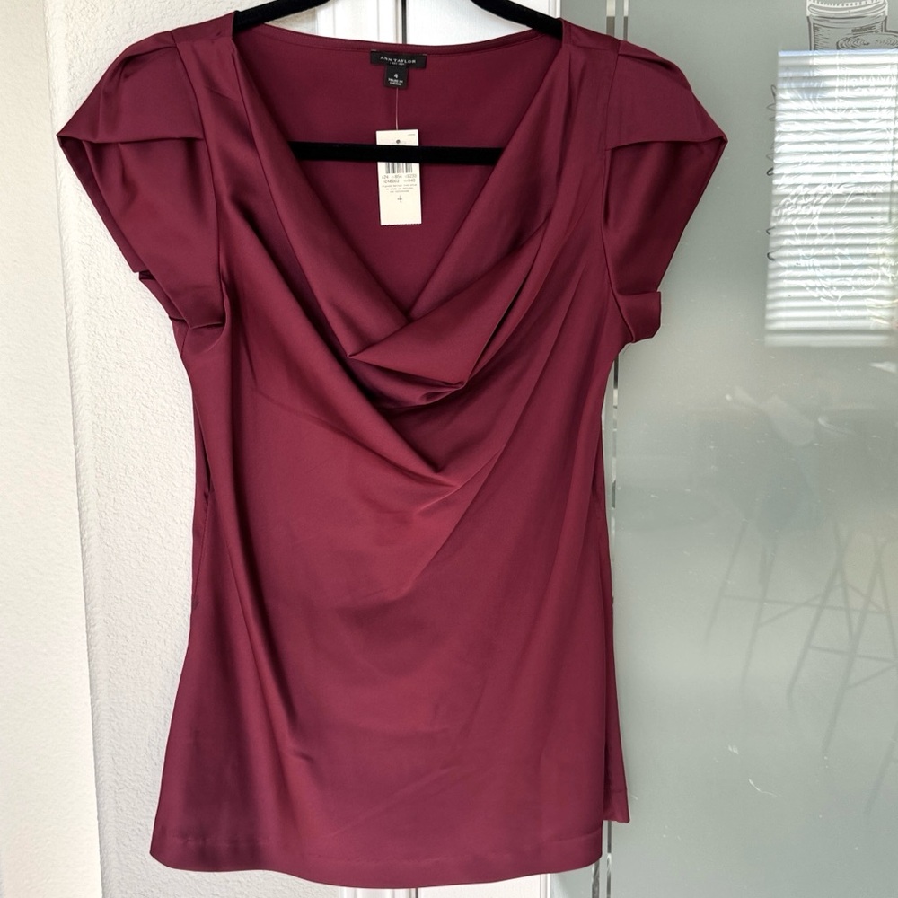 Ann Taylor Burgundy Cowl Neck Shell - size 4, seashell cap sleeve